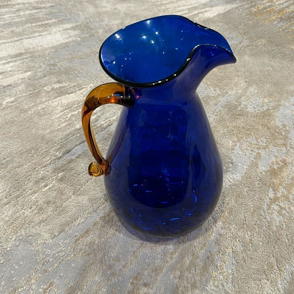 VTG  W.VA Blenko Glass Pitcher Cobalt blue & Orange handle around 11 inches tall